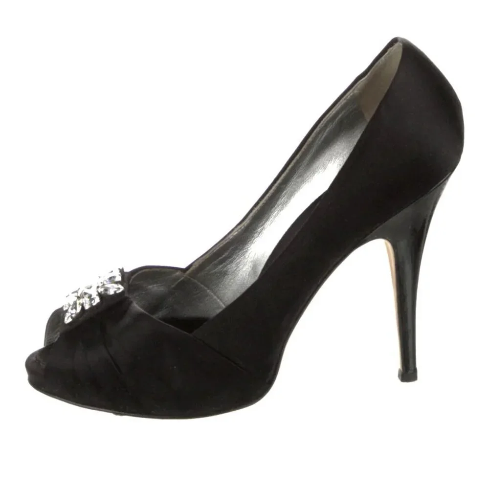 Giuseppe Zanotti 8.5 Black Satin JEWELED CRYSTAL PLATFORM Peeptoe Heels Pumps - Picture 2 of 6